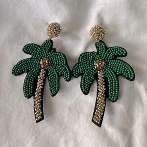 NEW Green and Gold Beaded Palm Tree Lisi Lerch Statement Earrings